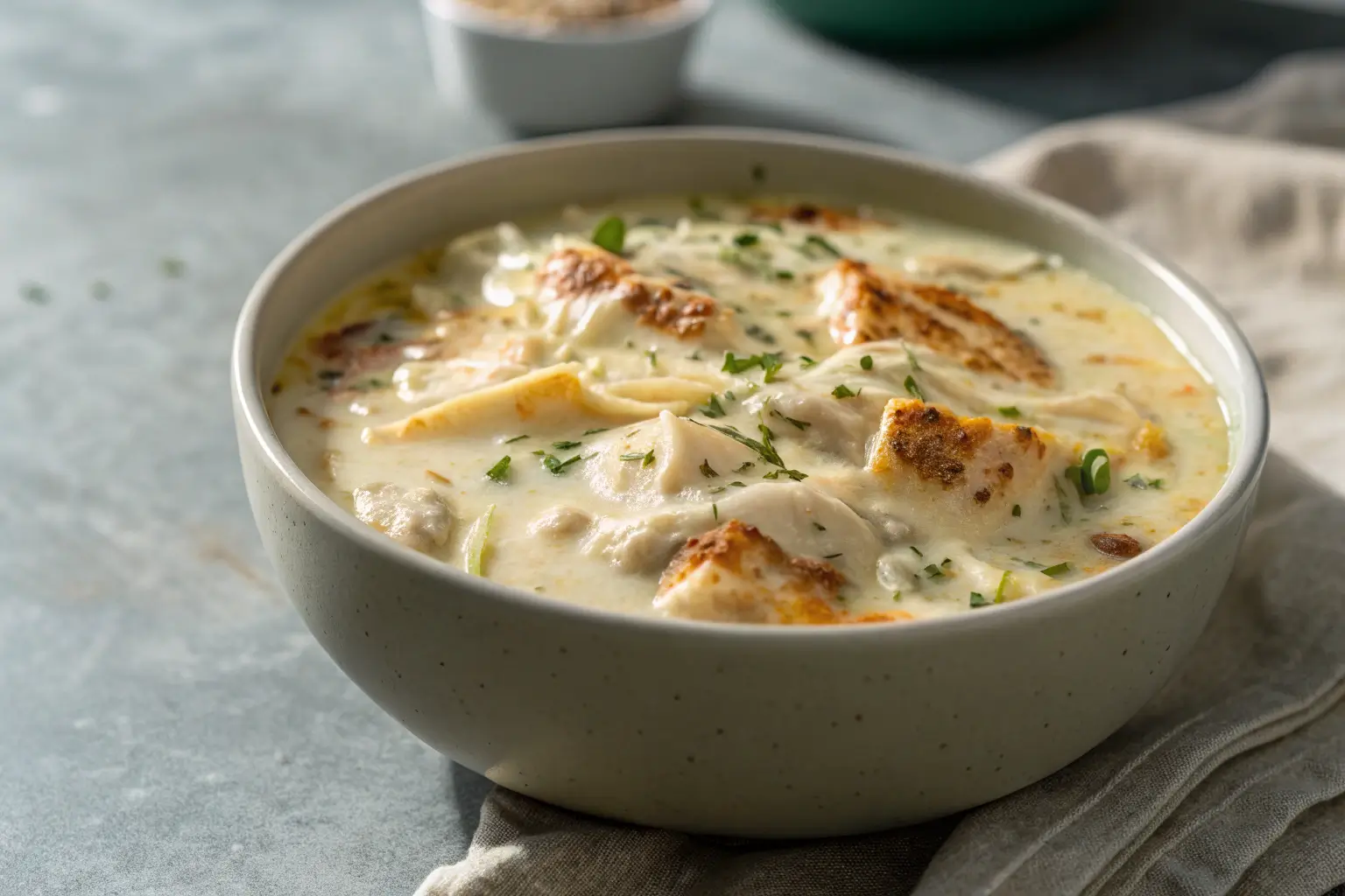 Creamy Chicken White Lasagna Soup Recipe 1 Creamy chicken white lasagna soup topped with cheese.