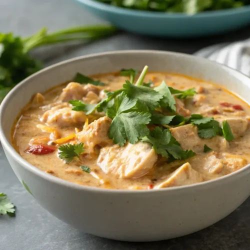 Keto Chicken Chili Instant Pot Recipe 3 Creamy Keto Chicken Chili garnished with cilantro in a bowl.
