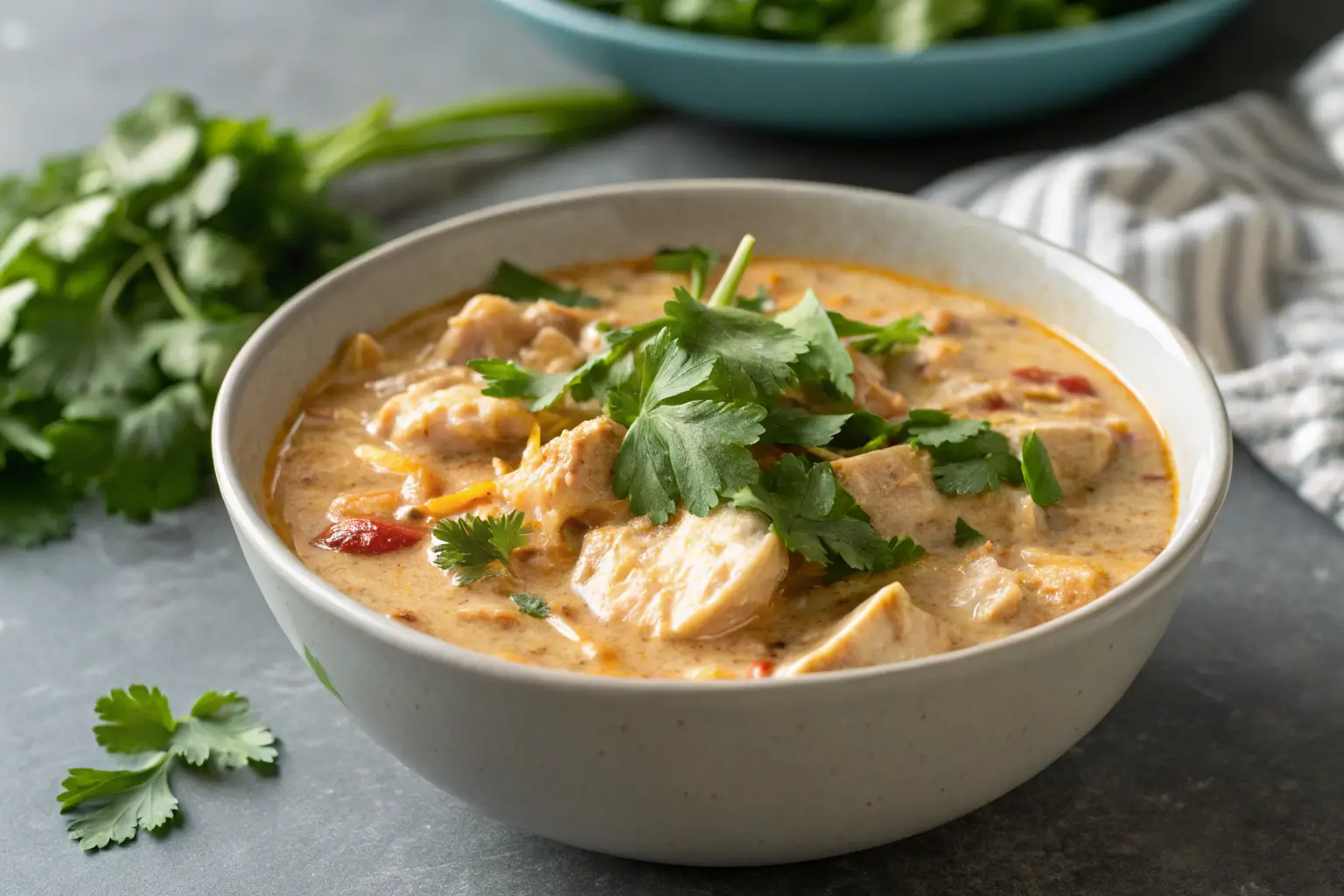 Creamy Keto Chicken Chili garnished with cilantro in a bowl.