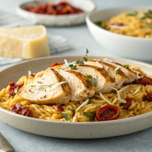 Creamy Sun-Dried Tomato Chicken Orzo 2 Creamy sun-dried tomato chicken orzo in a shallow dish