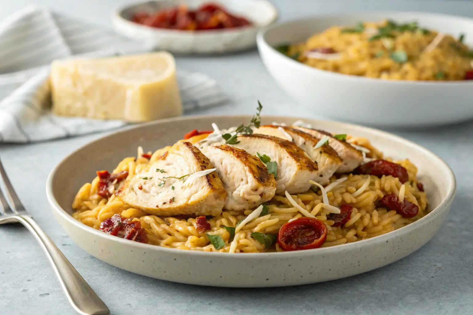 Creamy Sun-Dried Tomato Chicken Orzo 1 Creamy sun-dried tomato chicken orzo in a shallow dish