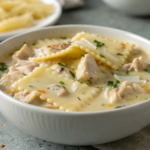 Creamy White Chicken Lasagna Soup Recipe 2 Creamy white chicken lasagna soup in a bowl on a gray surface
