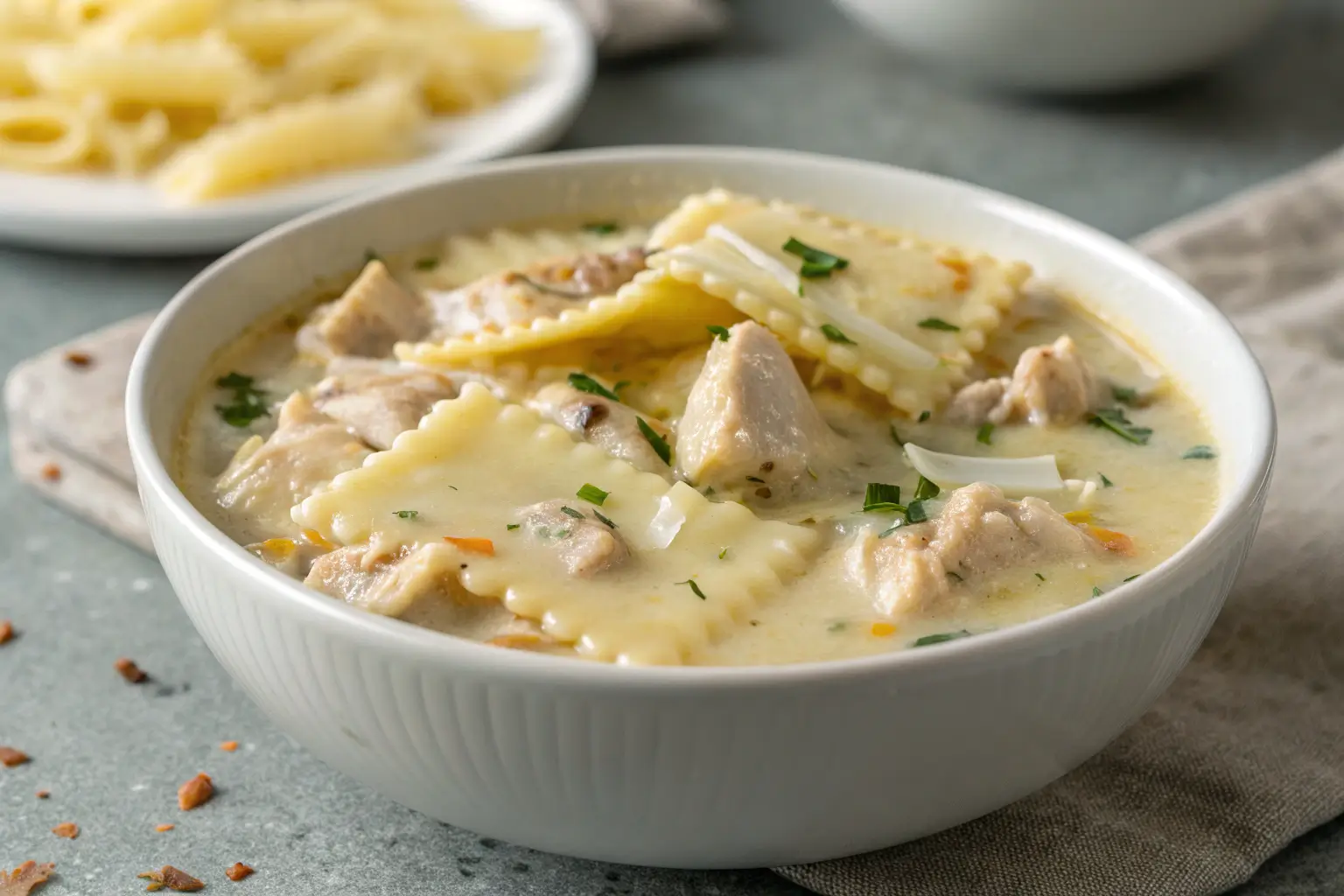 Creamy White Chicken Lasagna Soup Recipe 1 Creamy white chicken lasagna soup in a bowl on a gray surface