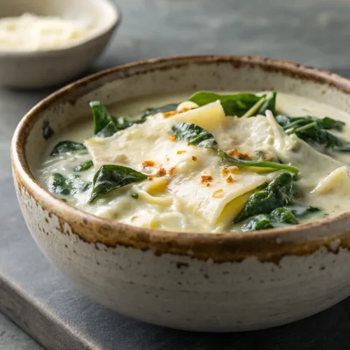 Cozy Up with Creamy White Lasagna Soup 2 Creamy white lasagna soup topped with cheese and spinach