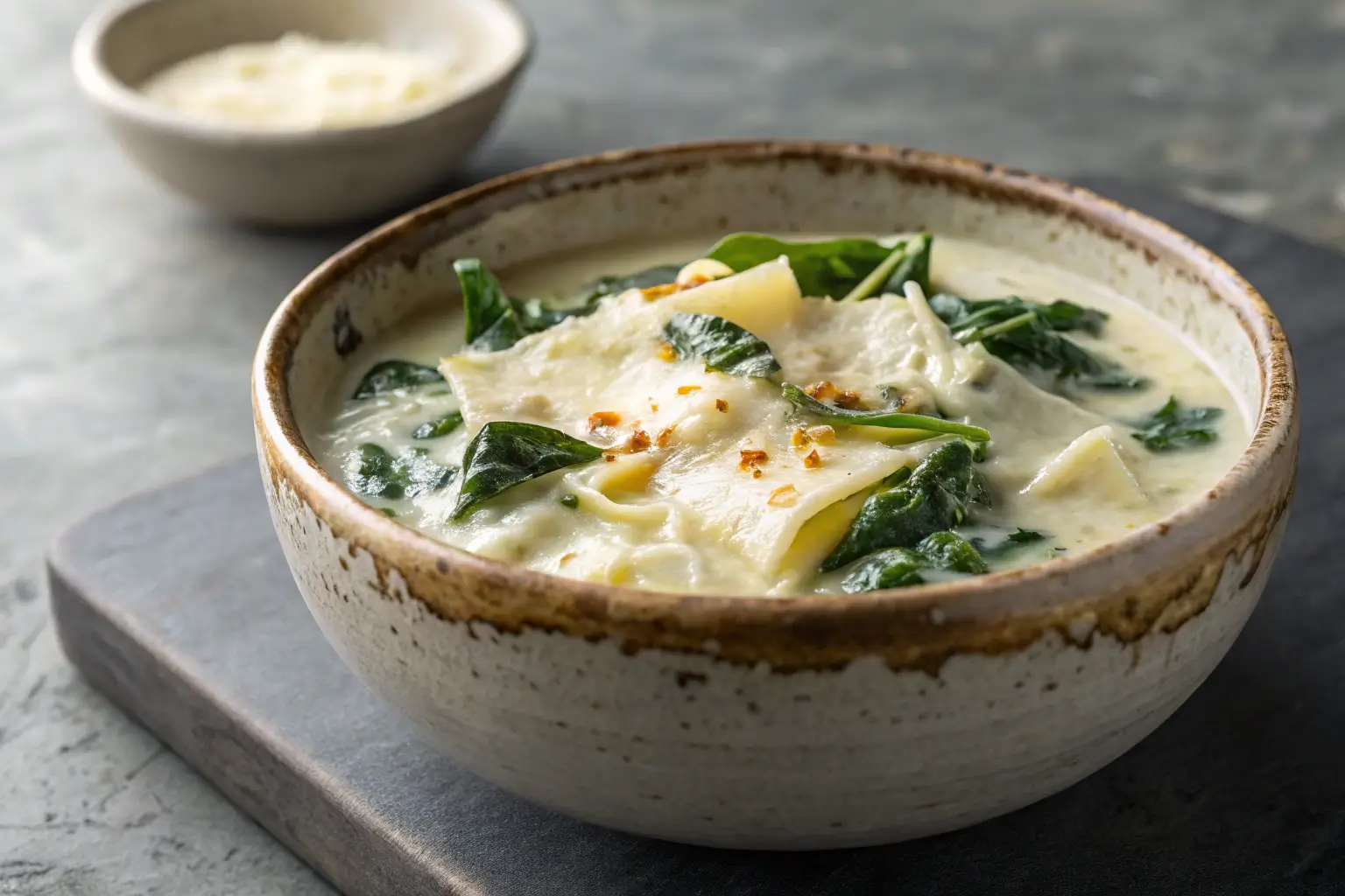 Cozy Up with Creamy White Lasagna Soup 1 Creamy white lasagna soup topped with cheese and spinach