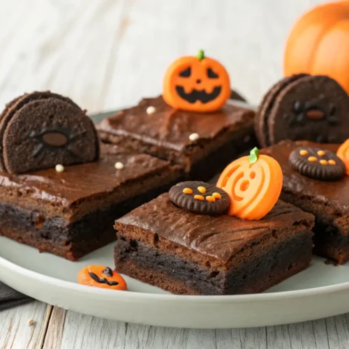 Creepy Halloween Brownies with Milano Cookies 2 Close-up of Creepy Halloween Brownies with Milano cookies.