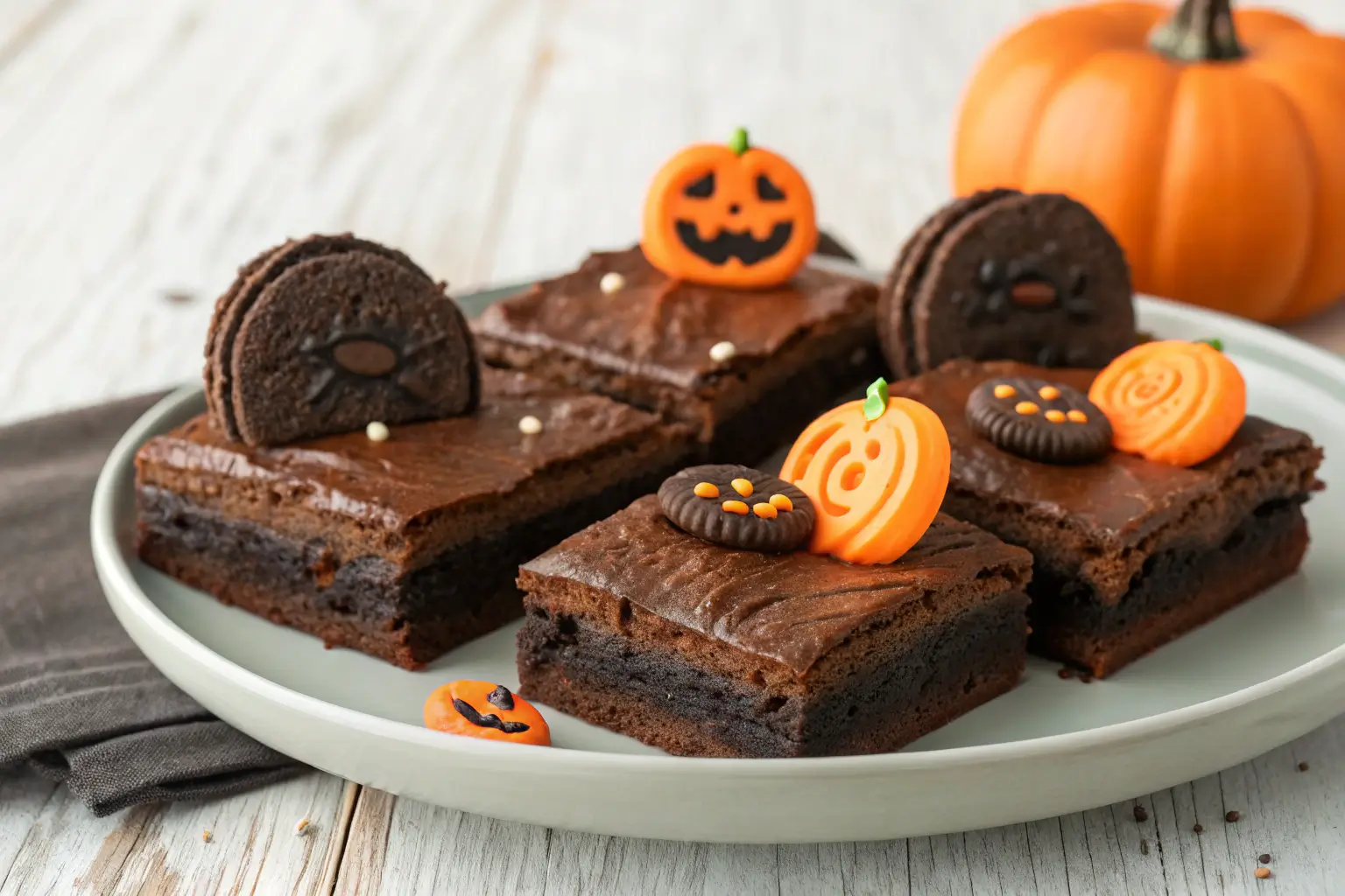 Creepy Halloween Brownies with Milano Cookies 1 Close-up of Creepy Halloween Brownies with Milano cookies.