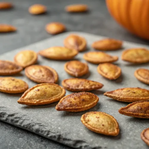 Crispy Air Fryer Pumpkin Seeds Recipe for Fall Snacks 2 Crispy air fryer pumpkin seeds on a gray concrete surface.