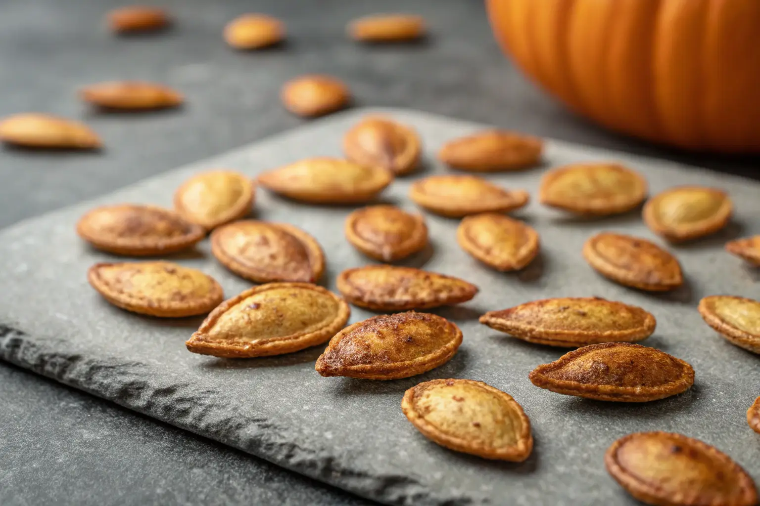 Crispy Air Fryer Pumpkin Seeds Recipe for Fall Snacks 1 Crispy air fryer pumpkin seeds on a gray concrete surface.