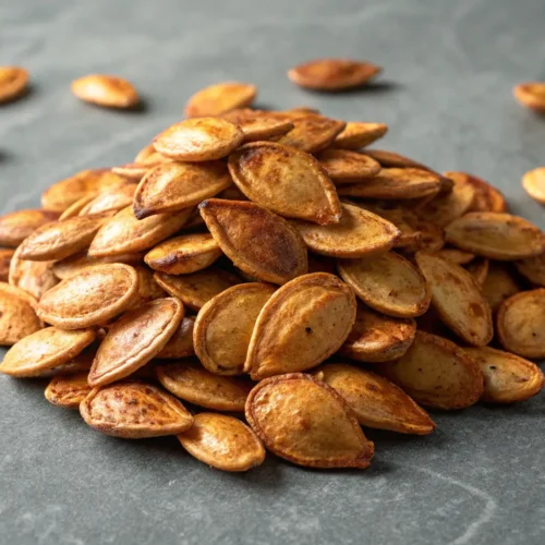 Pumpkin Seed Recipes โ Crispy Air Fryer Roasted Pumpkin Seeds for Healthy Snacking 2 Close-up of crispy air fryer roasted pumpkin seeds on a table.