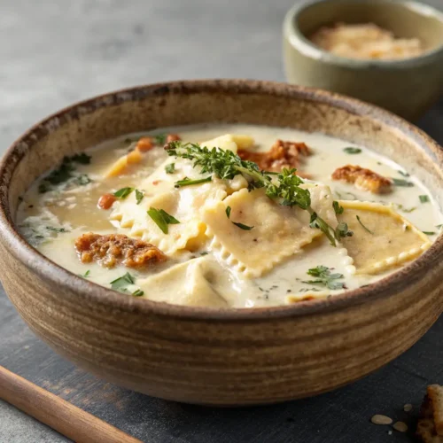 Close-up of creamy white lasagna soup in a bowl.