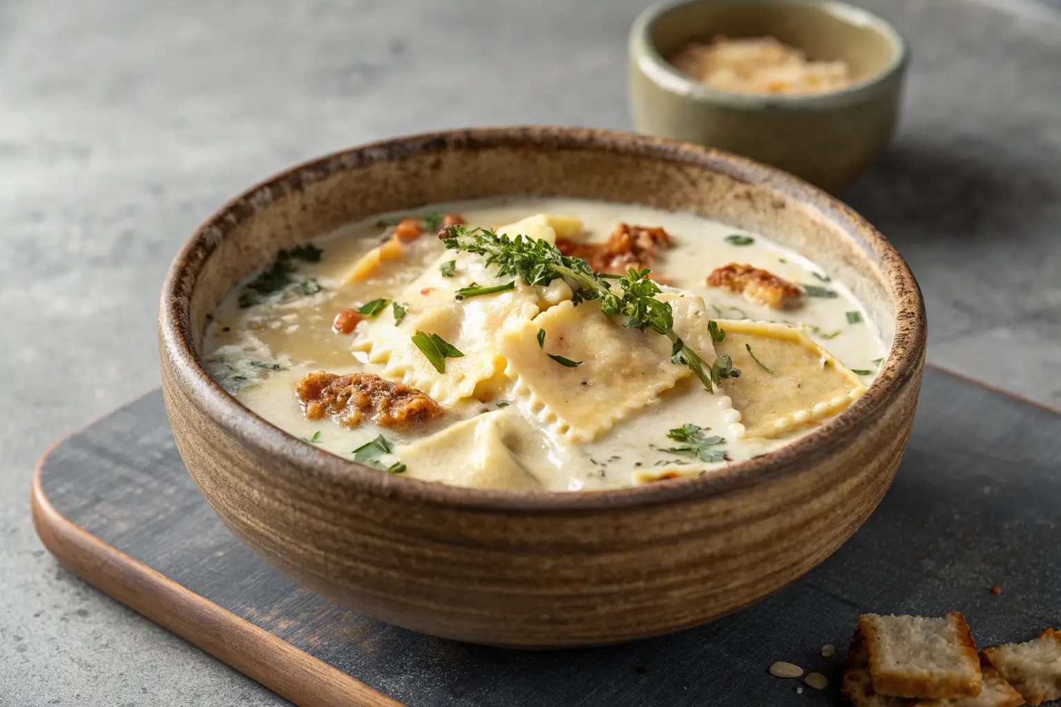 Close-up of creamy white lasagna soup in a bowl.