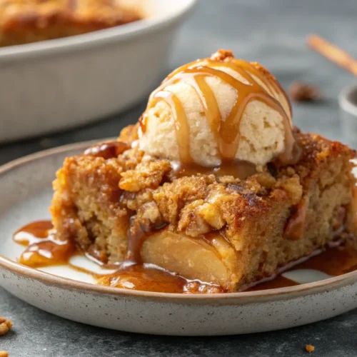Crockpot Caramel Apple Dump Cake Recipe 3 Close-up of Crockpot Caramel Apple Dump Cake Recipee.