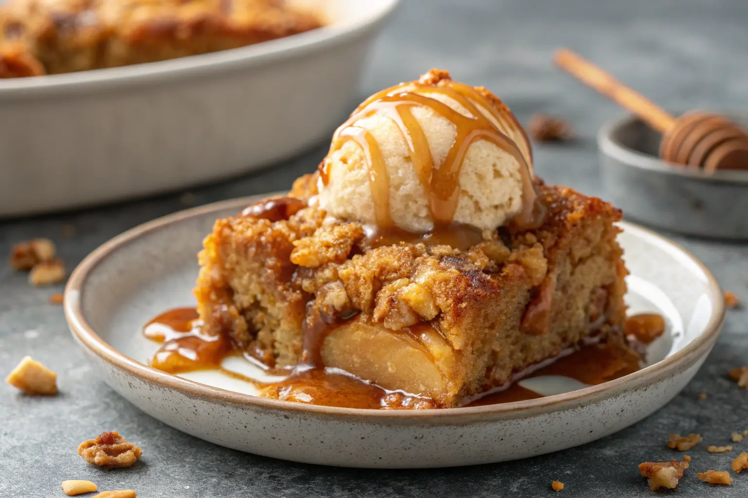 Close-up of Crockpot Caramel Apple Dump Cake Recipee.