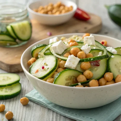 Cucumber Salad with Chickpeas and Feta 2 Close-up of cucumber salad with chickpeas and feta on wood tabletop