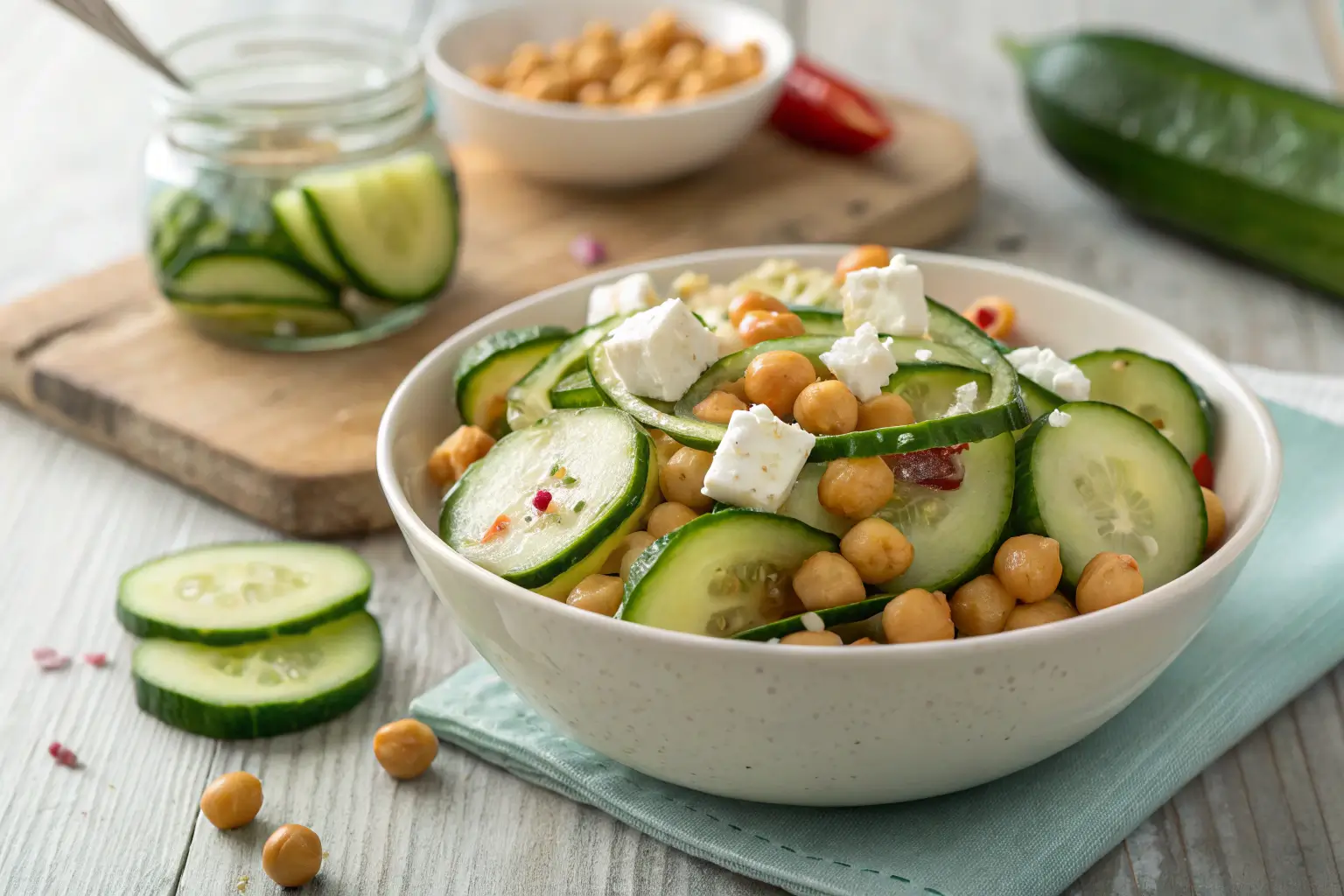 Cucumber Salad with Chickpeas and Feta 1 Close-up of cucumber salad with chickpeas and feta on wood tabletop