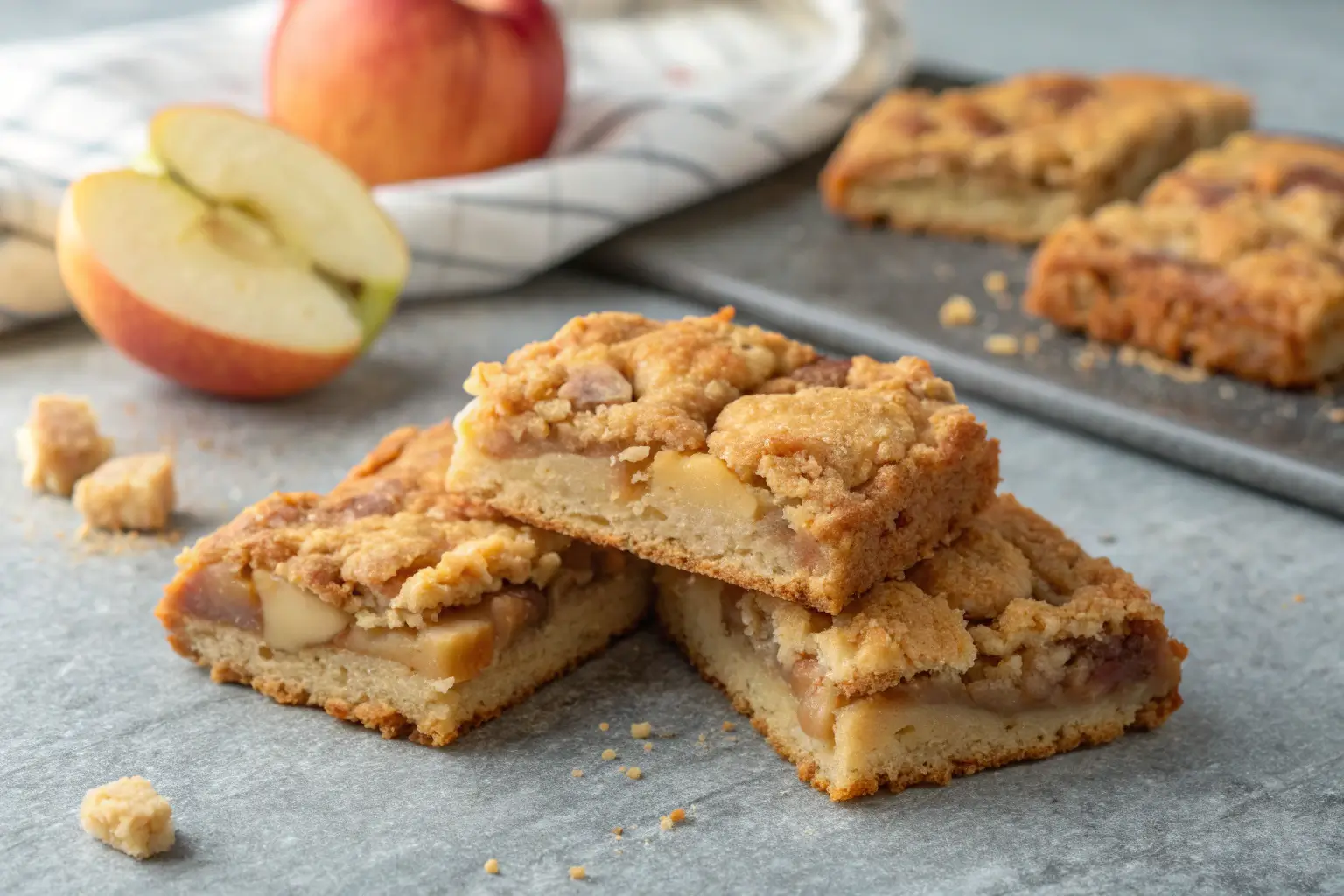 Close-up of apple bar cookies on a gray tabletop.