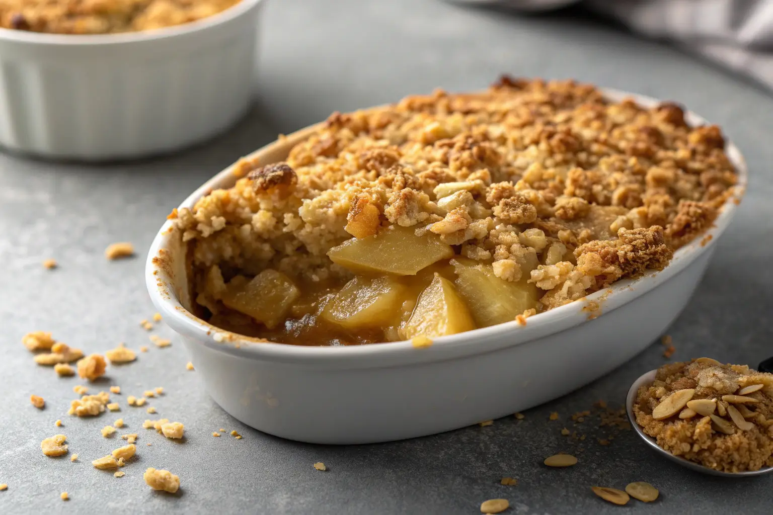 Close-up of apple crisp with crunchy topping and gooey filling.