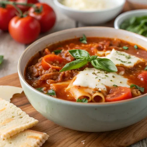 Easy Crockpot Lasagna Soup Recipe 2 Bowl of lasagna soup with melted cheese and basil garnish.