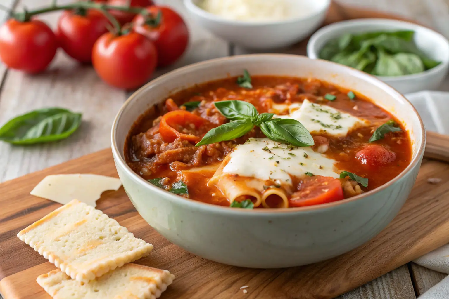 Easy Crockpot Lasagna Soup Recipe 1 Bowl of lasagna soup with melted cheese and basil garnish.