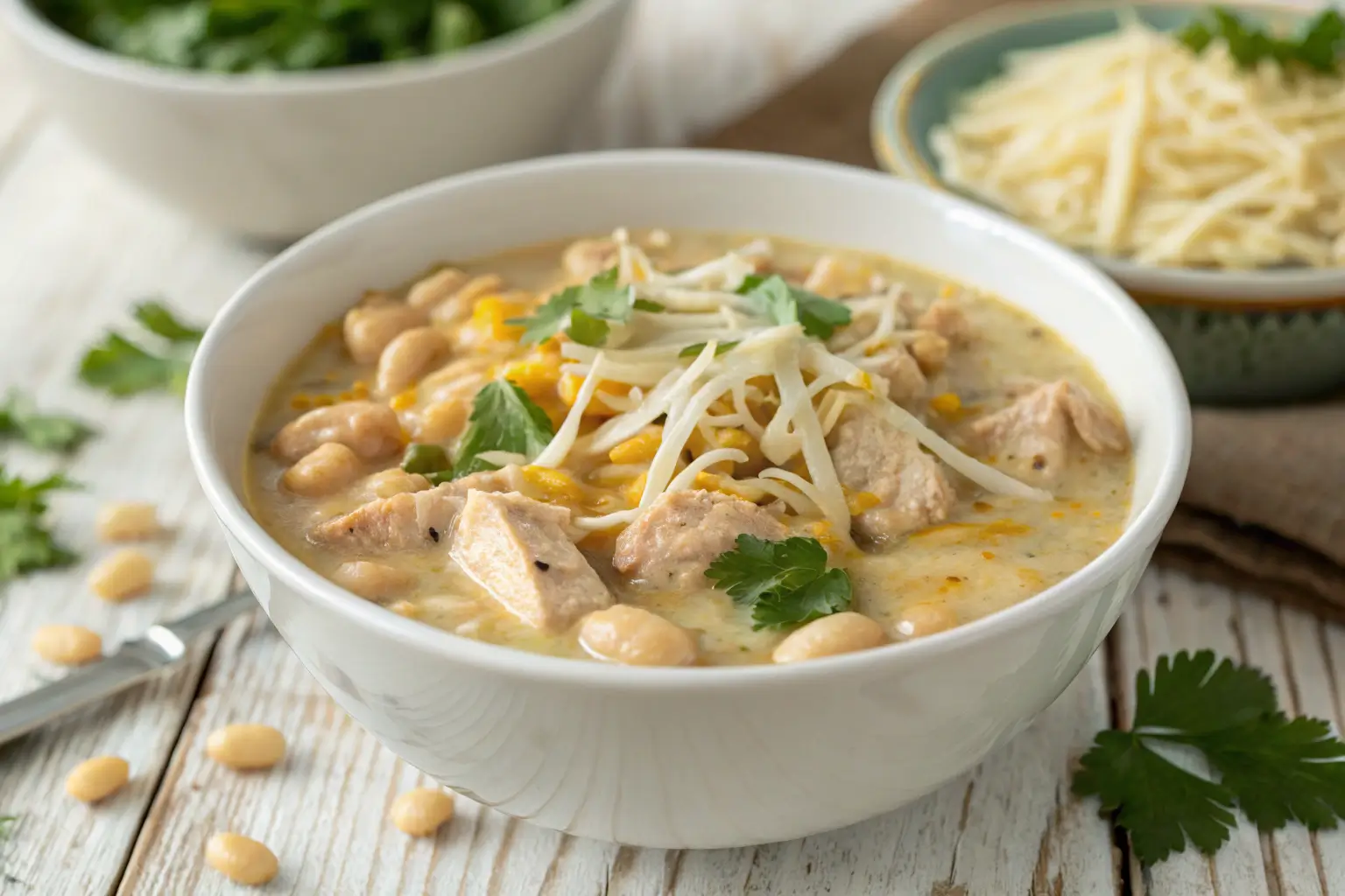 Creamy white bean chicken chili topped with cheese and cilantro