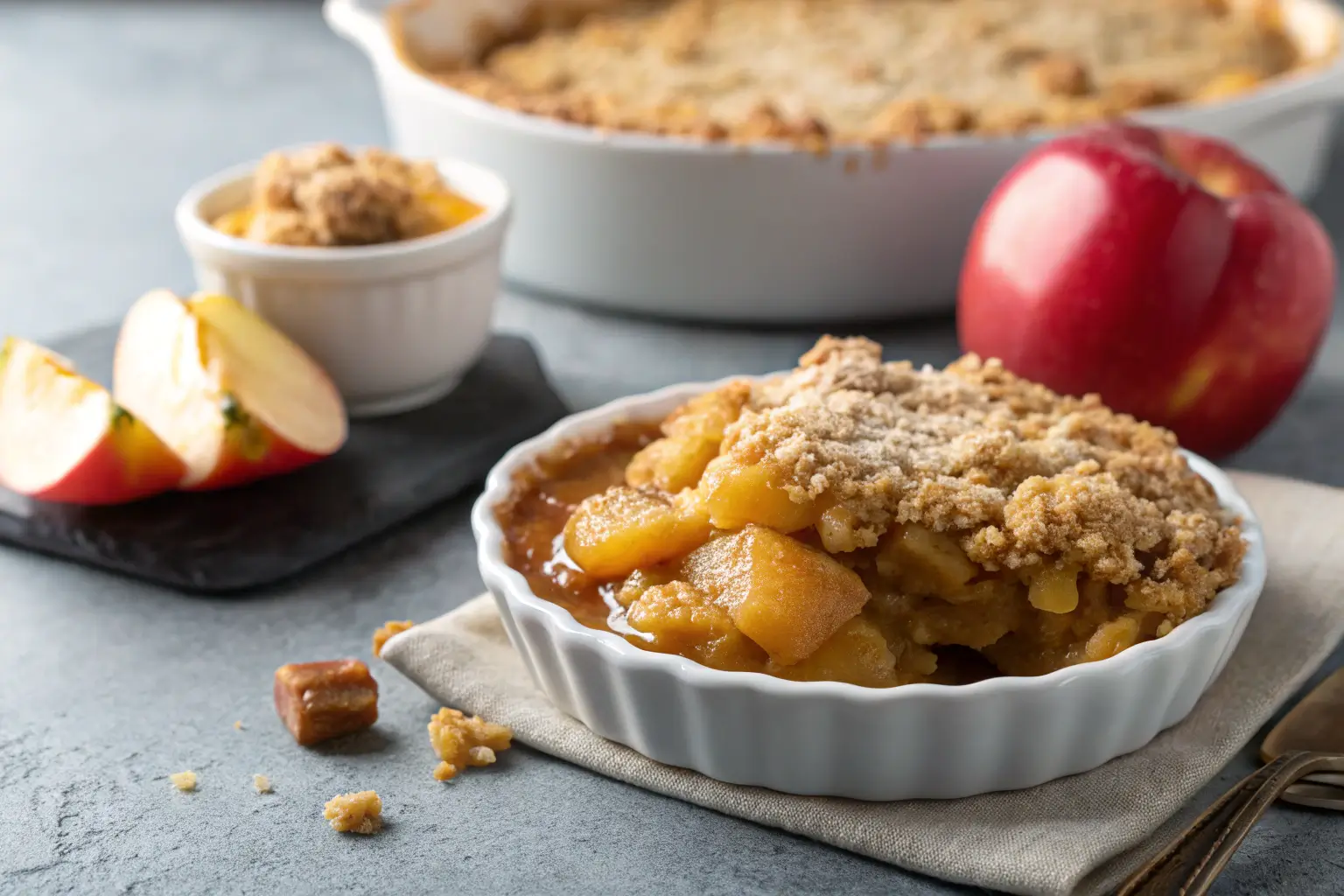 Close-up of baked apple crisp with crunchy topping.