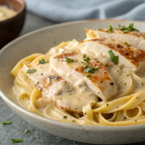 Easy Garlic Parmesan Chicken Pasta Recipe 3 Creamy Garlic Parmesan Chicken Pasta on a gray background