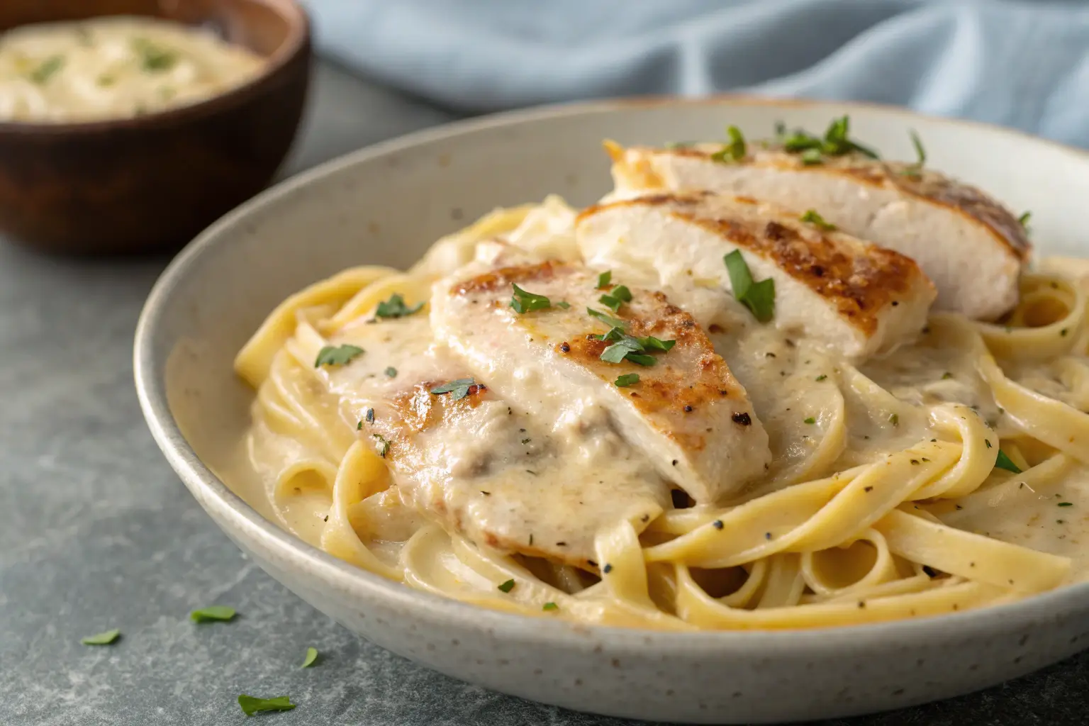 Creamy Garlic Parmesan Chicken Pasta on a gray background