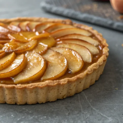 Easy Gluten-Free Caramel Apple Tart Recipe 3 Close-up of a gluten-free caramel apple tart on a gray surface.