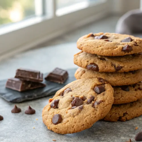 Easy Gluten Free Chocolate Chip Cookies for Cozy Moments 3 A stack of gluten-free chocolate chip cookies on a gray surface.