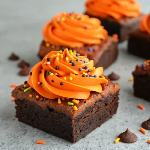 Easy Halloween Brownies with Spooky Decorating Ideas 3 Close-up of Halloween brownies with orange frosting and sprinkles