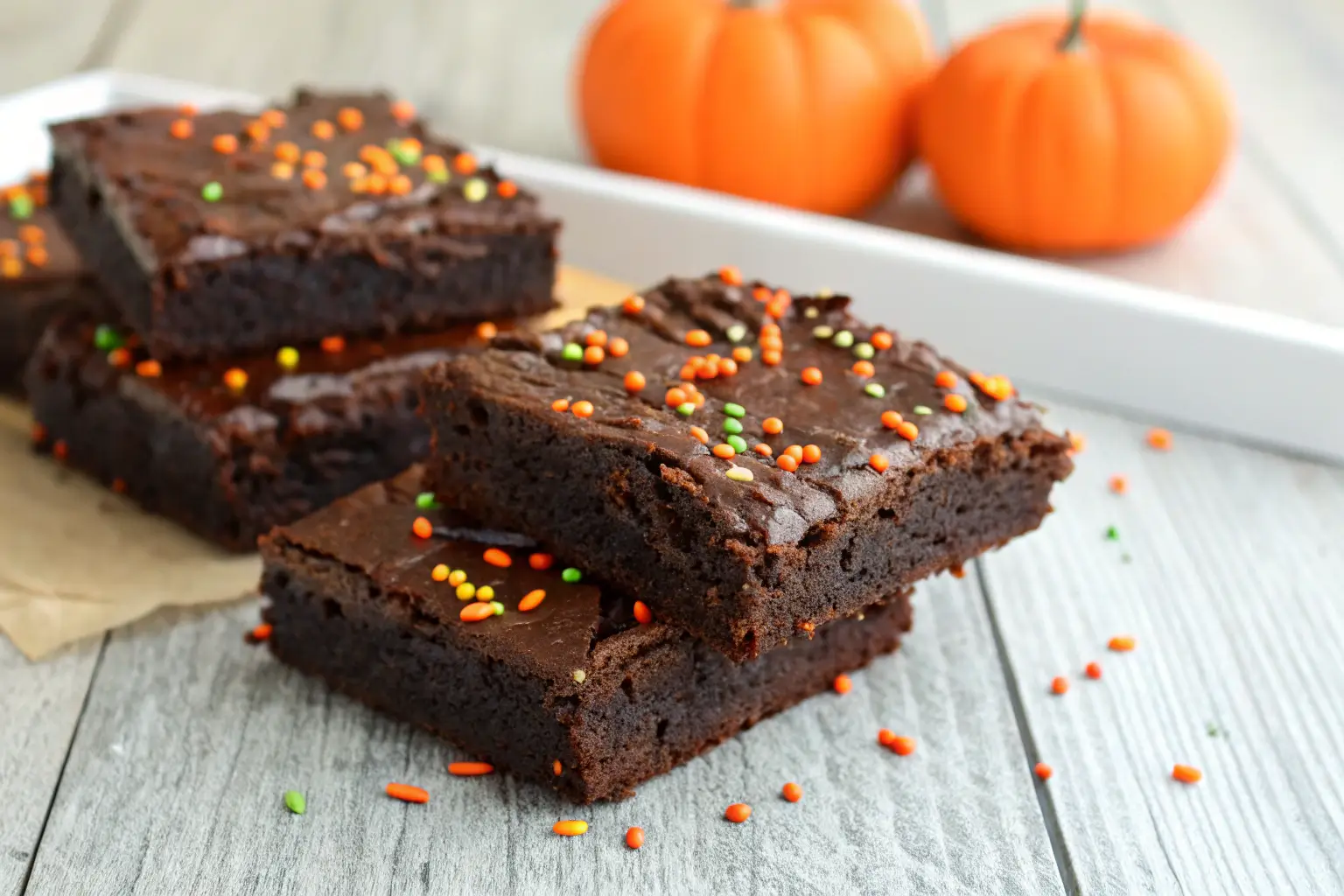 Halloween brownies topped with sprinkles on a wooden table