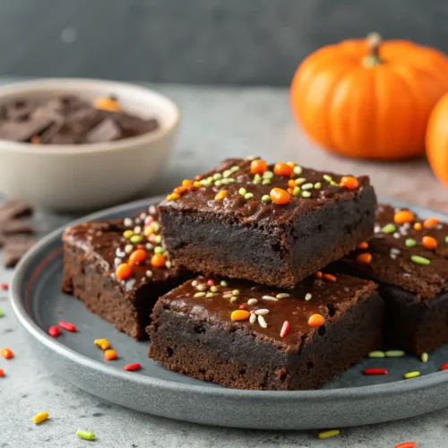 Easy Halloween Brownies for Fun Halloween Desserts 3 Close-up of Easy Halloween Brownies with festive sprinkles.