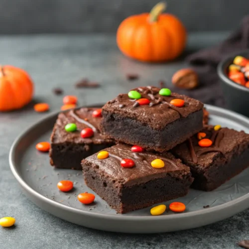 Spooky Halloween Desserts โ Easy Halloween Brownies with Spooky Toppings 2 Close-up of Halloween brownies topped with spooky candies.