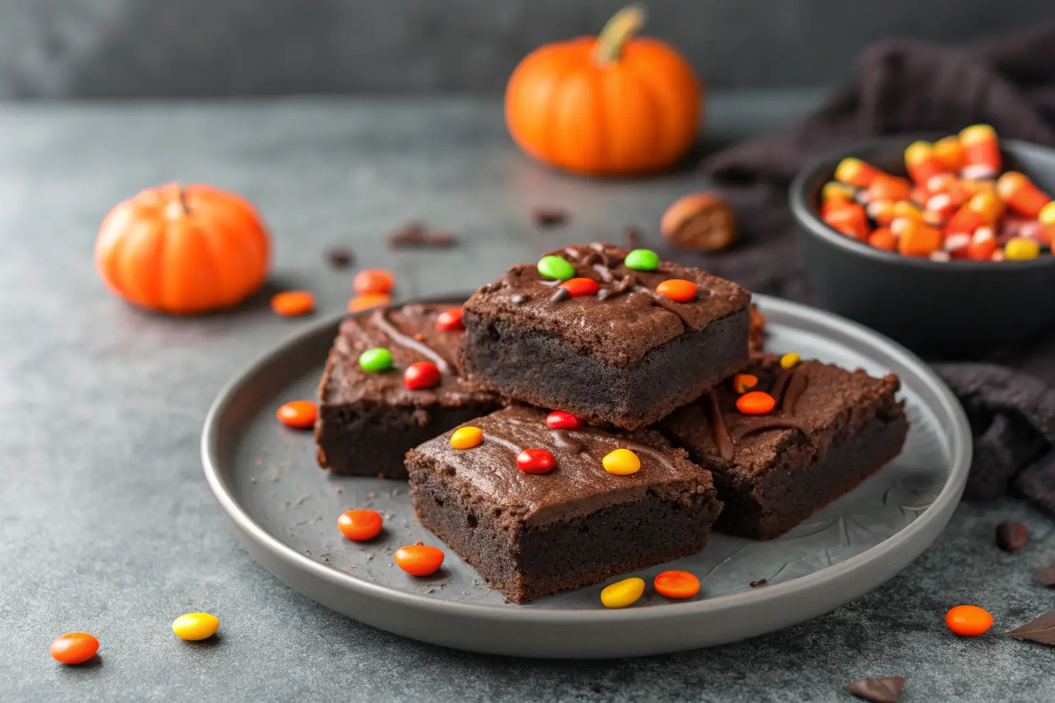 Spooky Halloween Desserts โ Easy Halloween Brownies with Spooky Toppings 1 Close-up of Halloween brownies topped with spooky candies.