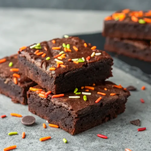 Easy Halloween Brownies Recipe for Quick Spooky Snacks 3 Close-up of Halloween brownies with sprinkles on a gray surface.