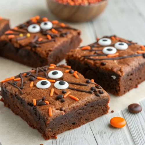 Easy Halloween Brownies: Ghost and Mummy Brownie Bites 3 Close-up of Halloween brownies with candy eyes and sprinkles.