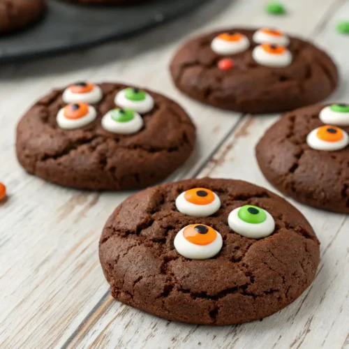 Easy Halloween Treats Baking for Quick Weeknight Desserts 3 Halloween cookies with candy eyes on a wooden surface