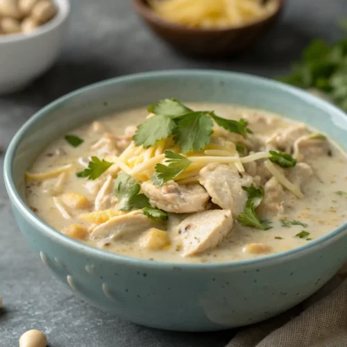 Creamy white chicken chili in a bowl with cilantro garnish.