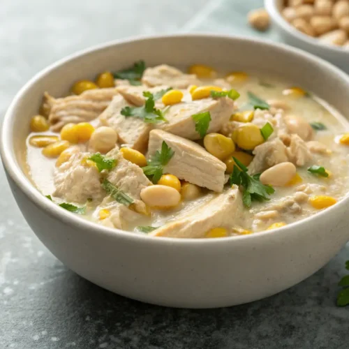 Easy Healthy White Chicken Chili Recipe 2 Close-up of creamy white chicken chili in a bowl.