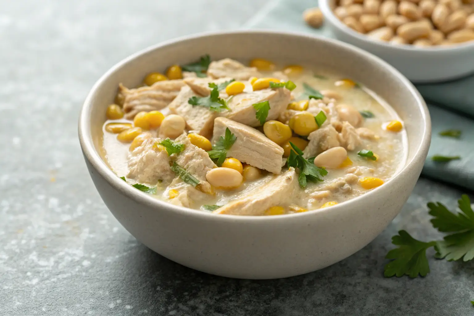 Close-up of creamy white chicken chili in a bowl.