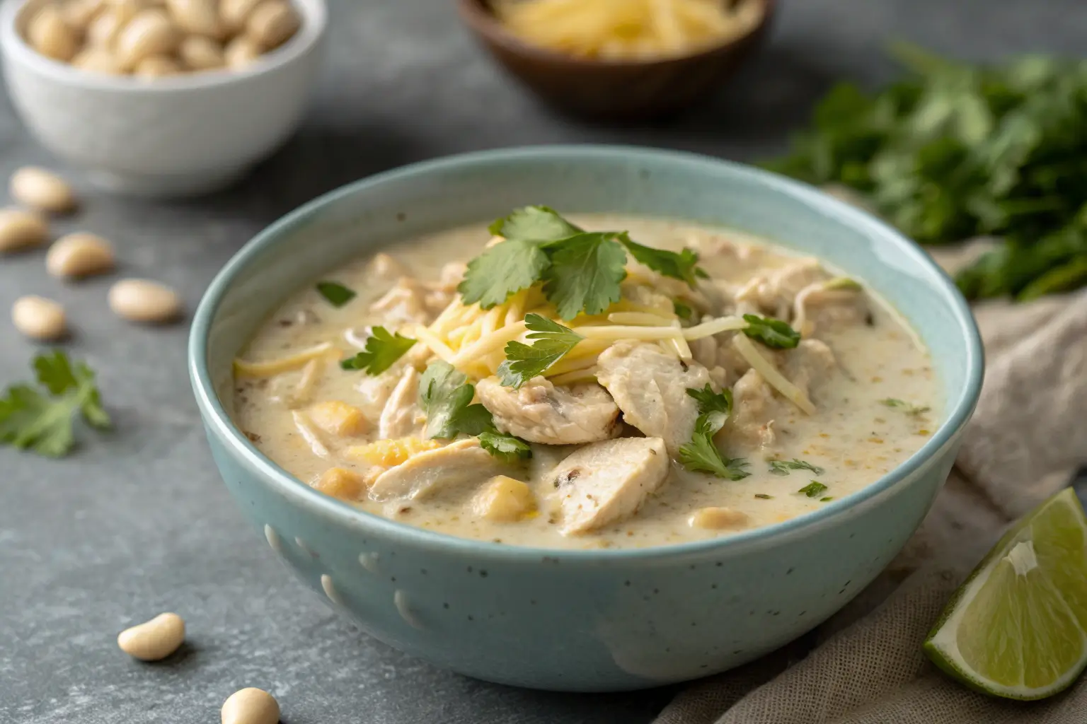 Creamy white chicken chili in a bowl with cilantro garnish.