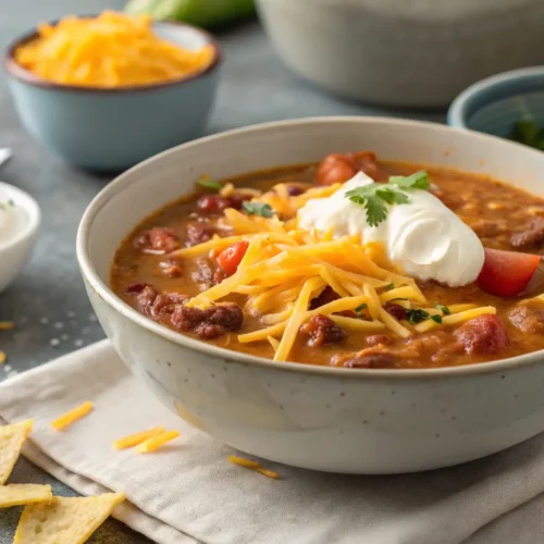 Easy High Protein Taco Soup Recipe 3 Close-up of taco soup with yogurt and cheese topping.
