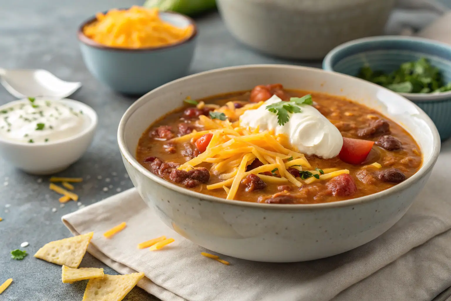 Close-up of taco soup with yogurt and cheese topping.