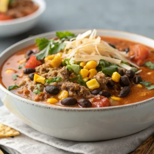 Easy High Protein Taco Soup Recipe 3 Close-up of Easy High Protein Taco Soup in a bowl.