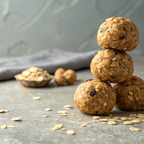 Easy Homemade Granola Protein Balls Recipe 2 Close-up of stacked homemade granola protein balls.