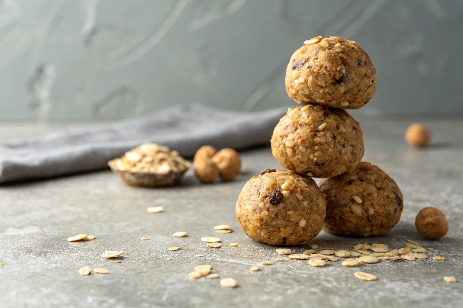 Easy Homemade Granola Protein Balls Recipe 1 Close-up of stacked homemade granola protein balls.
