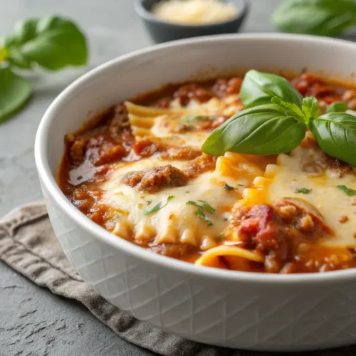 Easy Lasagna Soup: A Simple Fall Dinner 2 Close-up of Easy Lasagna Soup with cheese and basil