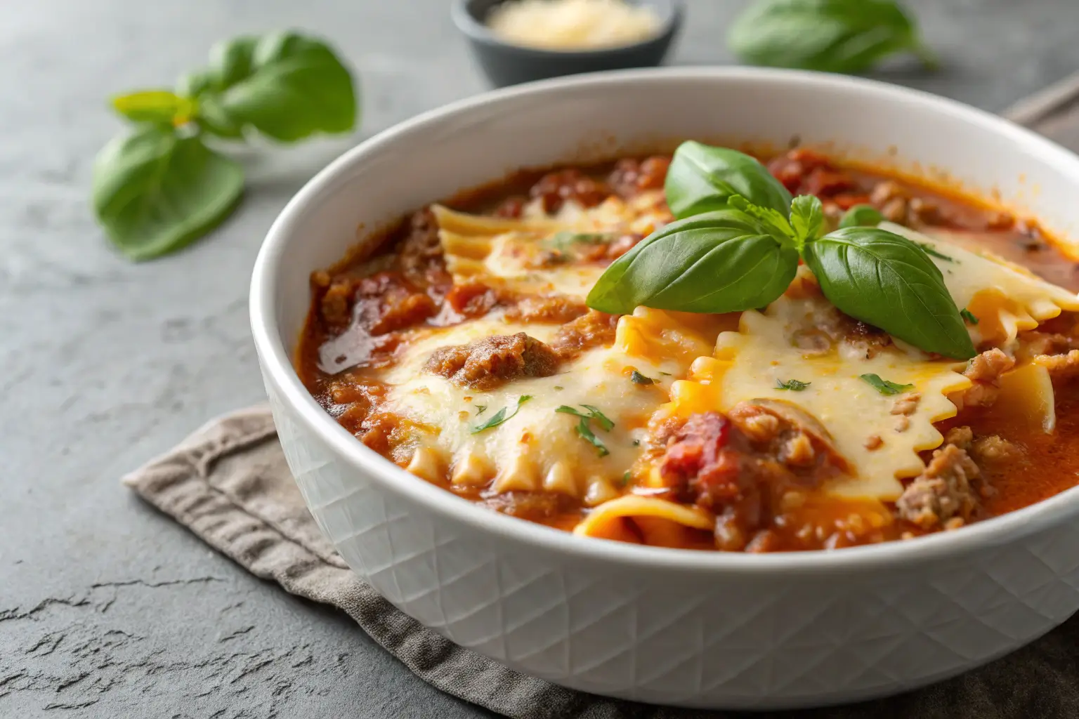 Easy Lasagna Soup: A Simple Fall Dinner 1 Close-up of Easy Lasagna Soup with cheese and basil