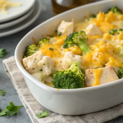 Easy Low Carb Chicken Casserole Recipe 2 Close-up of a low carb chicken casserole with cheese and veggies.